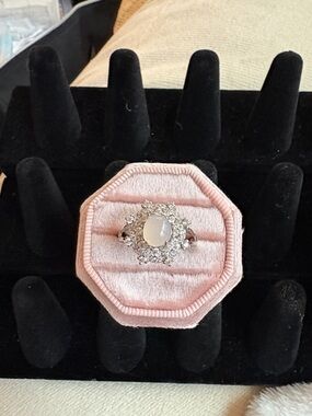 Silver Halo Ring with Milky White Center Stone CZ